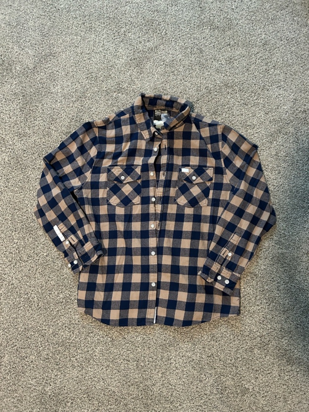All American Roughneck Men’s Navy and Brown Plaid Button-Up Shirt